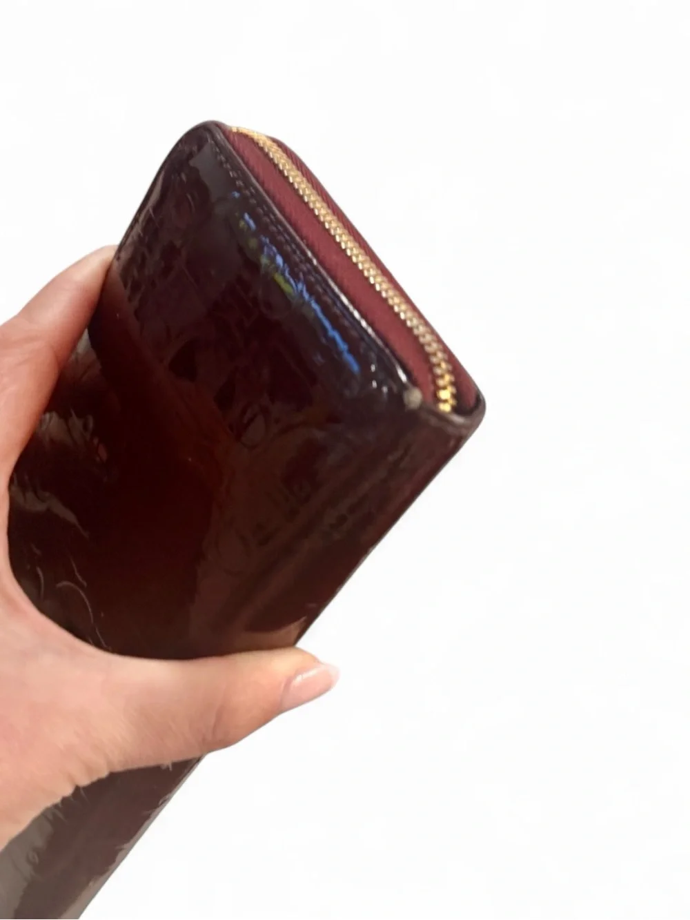 Christian Dior Vintage Trotter Print Patent Leather Long Zip Wallet | Burgundy